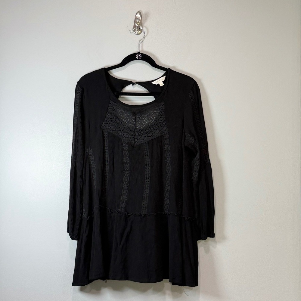 Adiva Black Lace Crochet Embroidered Long Sleeve Cutout Back‎ Tunic Top boho M